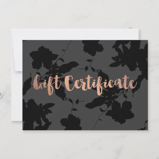 Black Floral Rose Gold Text Gift Certificate (Front)