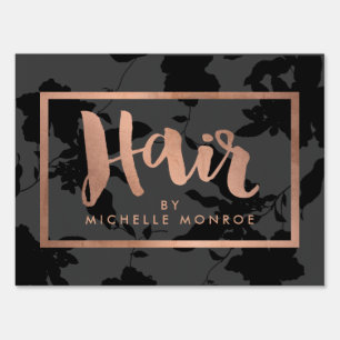 Black Floral Rose Gold Text Hair Stylist Yard Sign