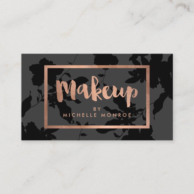 Black Floral Rose Gold Text Makeup Artist Business Card (Front)