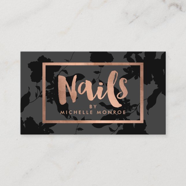 Black Floral Rose Gold Text Nail Salon Business Card (Front)