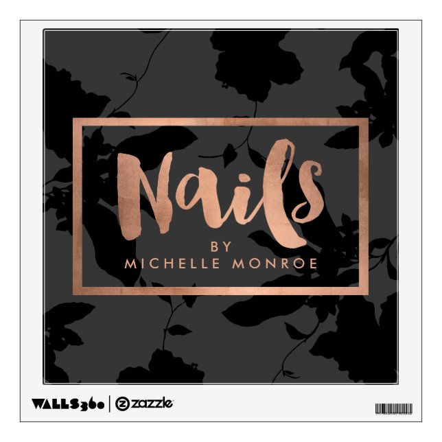 Black Floral Rose Gold Text Nail Salon Wall Sticker (Front)