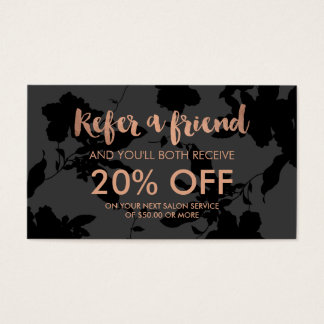 Black Floral Rose Gold Text Salon Referral Card
