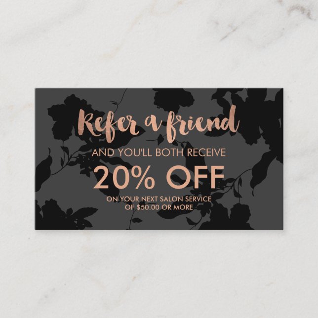 Black Floral Rose Gold Text Salon Referral Card (Front)