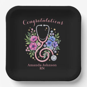 Black Floral Rose Graduation Paper Plates
