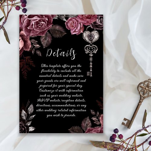 Black Floral  Roses Dark Gothic Wedding Details Enclosure Card