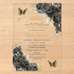 Black Floral Roses Gold Butterflies Quinceanera 15 Acrylic Invitations