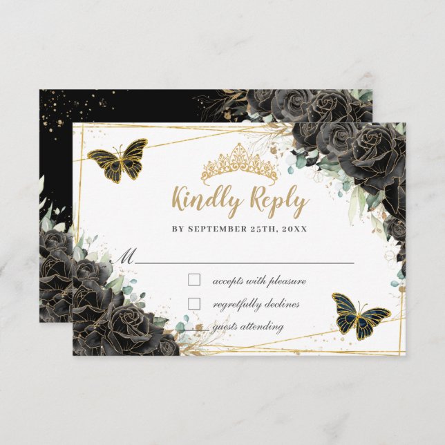 Black Floral Roses Gold Quinceañera Butterflies RSVP Card (Front/Back)