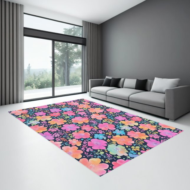 Black Floral Rug 9x12 - Hot Pink Flower Pattern (Insitu (Indoor 3))