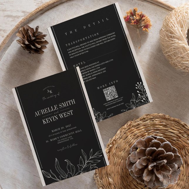 Black Floral Rustic Elegant Details QR Wedding  Invitation (Creator Uploaded)