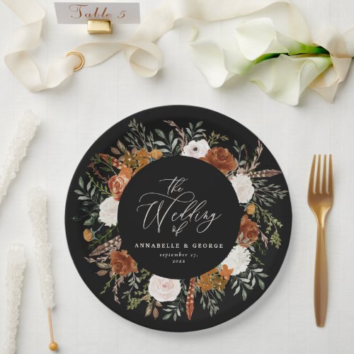 Black floral rustic elegant modern wedding paper p paper plates