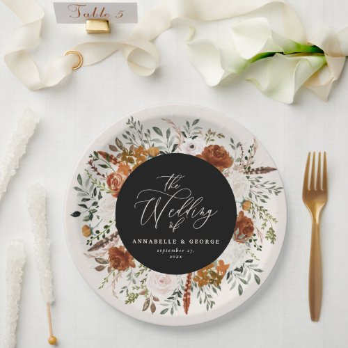 Black floral rustic elegant modern wedding paper plates