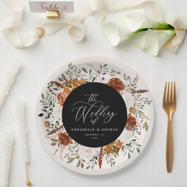 Black floral rustic elegant modern wedding paper plates (Wedding)