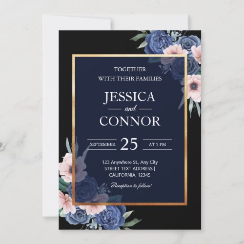 Black Floral rustic Gold elegant modern wedding Invitation