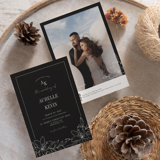 Black Floral Rustic Monogram Photo QR Wedding  Invitation (Creator Uploaded)