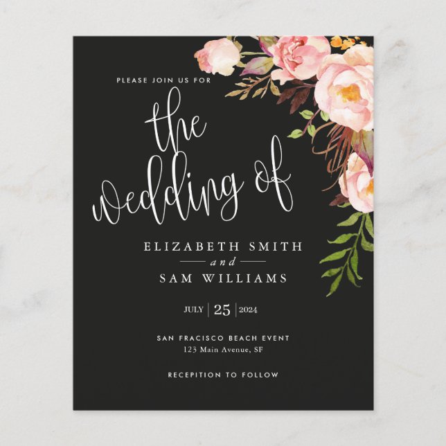 Black Floral Simple Wedding Invitation Budget  Flyer (Front)
