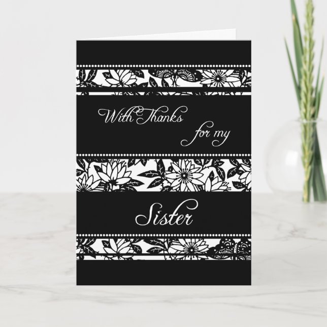 Black  Floral Sister Thank You Maid of Honor Card (Front)