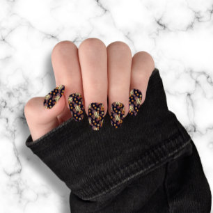 Black Floral skeleton Halloween minx nail art