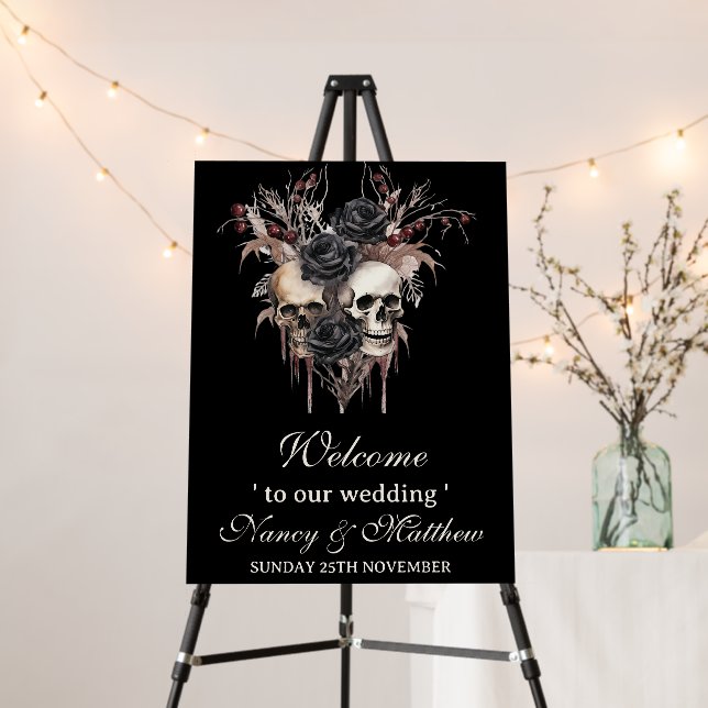 Black Floral Skull Gothic Wedding Welcome Sign (In Situ (Stand))