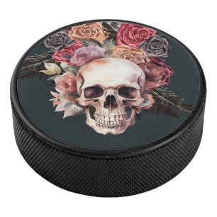 Black floral skull  hockey puck