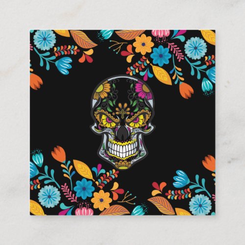 Black floral Skull Tattoo Square Business Card