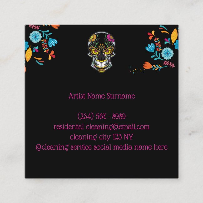 Black floral Skull Tattoo Square Business Card
