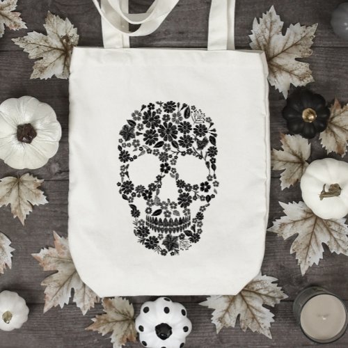 Black Floral Skull Tote Bag