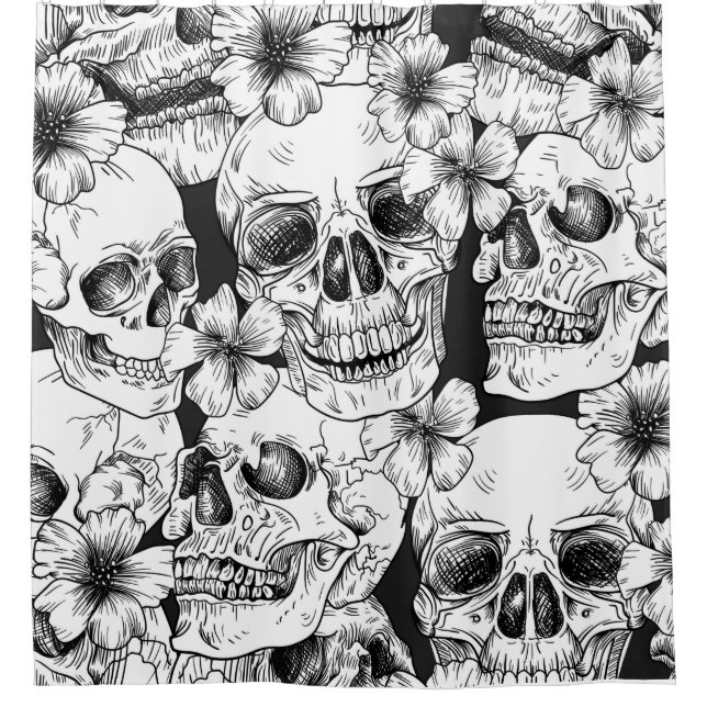 black floral Skulls Shower Curtain (Front)