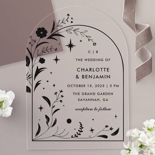 Black Floral Starry Night Arch Wedding Acrylic Invitations