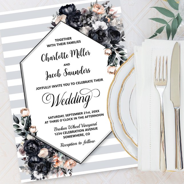 Black Floral Striped Wedding Invitation (Creator Uploaded)