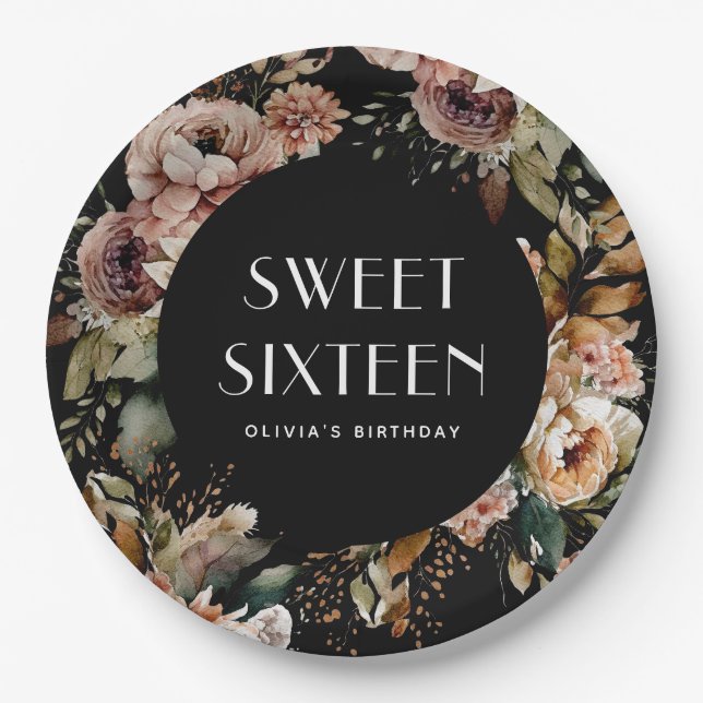 Black & Floral Sweet Sixteen | Elegant Birthday Paper Plates (Front)