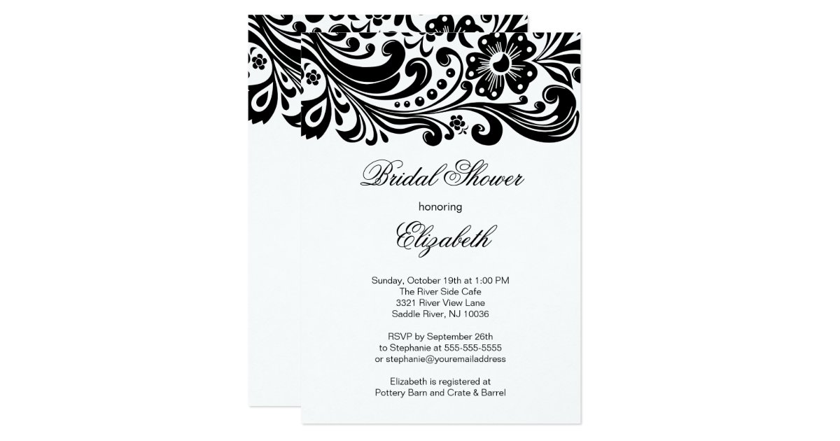 Black Floral Swirl Bridal Shower Invitation Formal | Zazzle