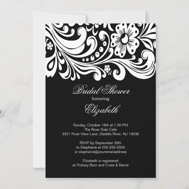 Black Floral Swirl Bridal Shower Invitation Formal (Front)