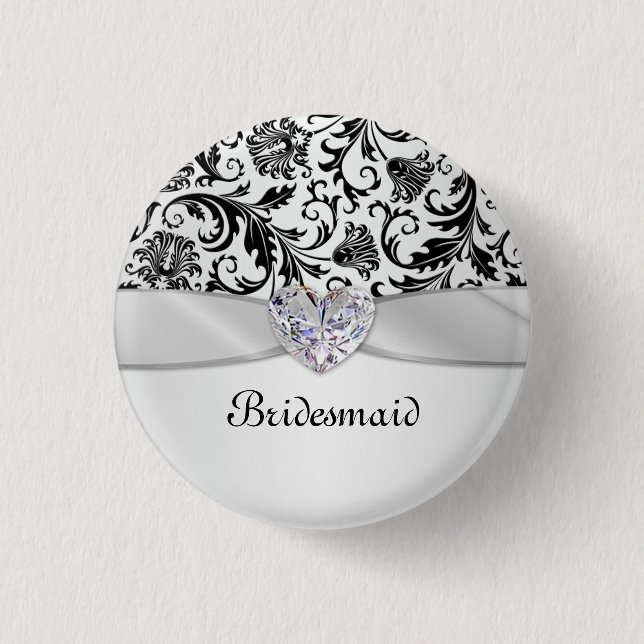 Black floral swirls damask Wedding Bridesmaid Pinback Button (Front)