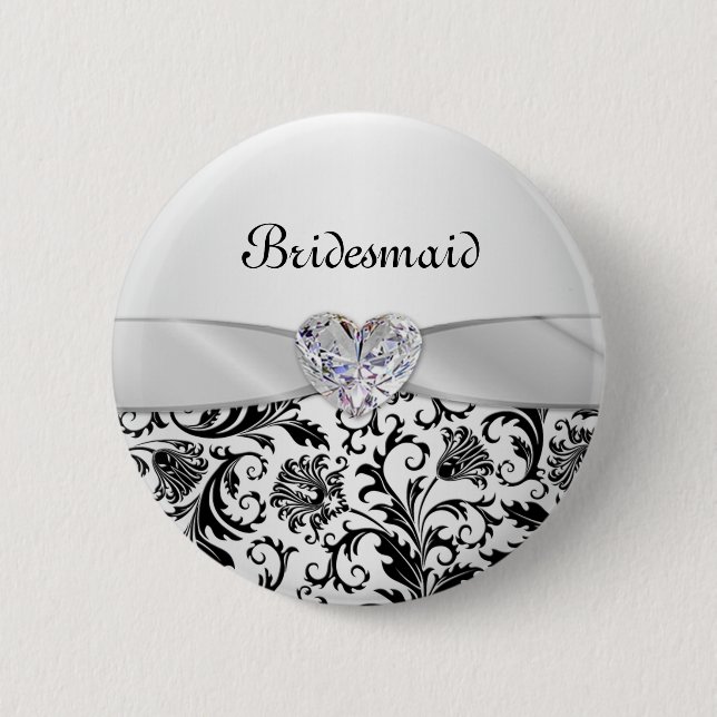 Black floral swirls damaskWedding Bridesmaid Button (Front)
