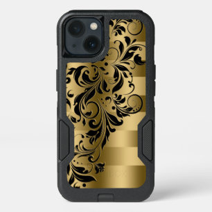 Black Floral Swirls Lace Over Gold Stripes iPhone 13 Case