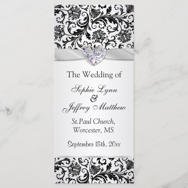 Black floral swirls on silver Wedding Program (Front)