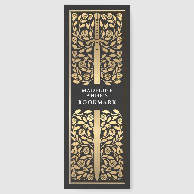 Black Floral Sword Medieval Fantasy Name Bookmarks (Front)