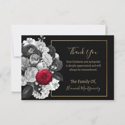 Black Floral Sympathy Note Card red rose