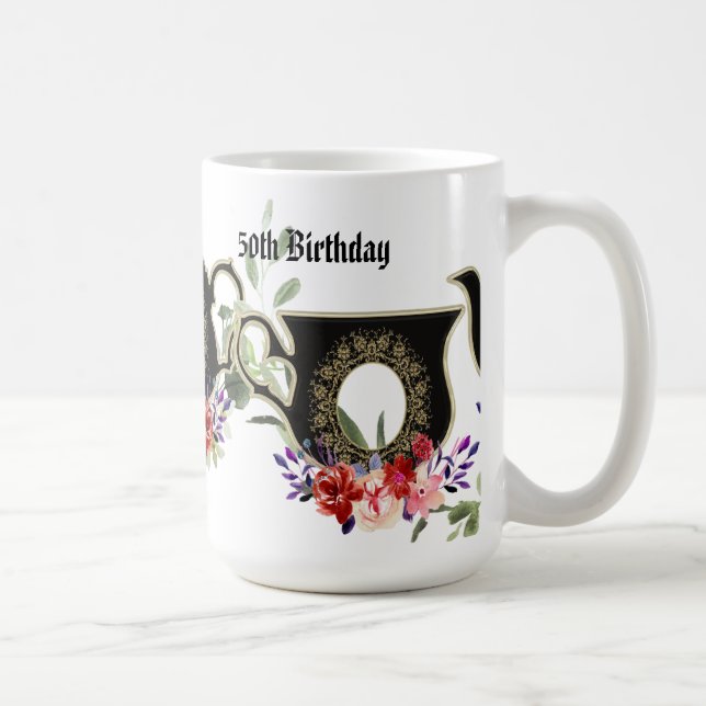 Black Floral Teapot Afternoon Tea 50th Birthday Co Coffee Mug (Right)