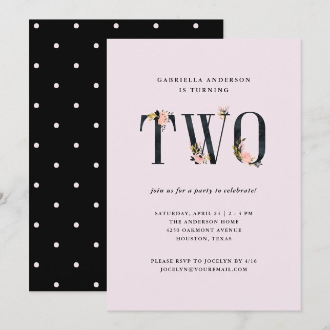 Black Floral Text on Pink | Second Birthday Party Invitation (Front/Back)