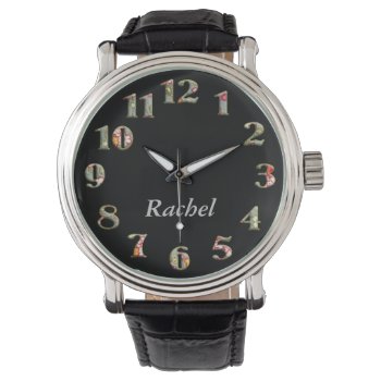 Black Floral Textile Big Numbers With Name Watch by YANKAdesigns at Zazzle