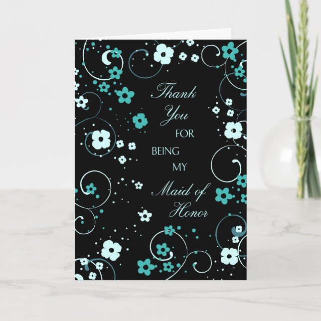 Black Floral Thank You Maid of Honor Card (Front)