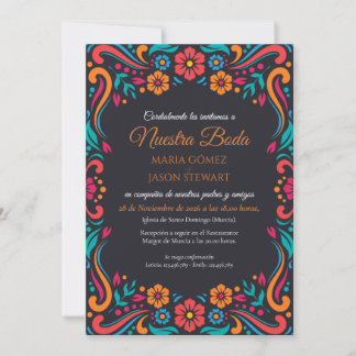 Black Floral Traditional Folk Art Spanish Wedding Invitation