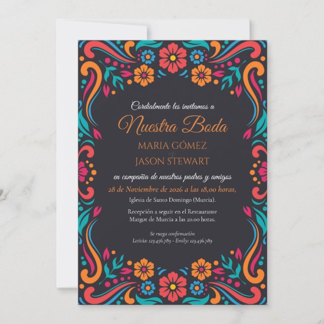 Black Floral Traditional Folk Art Spanish Wedding Invitation (Front)