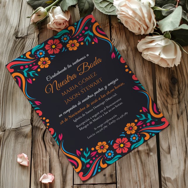 Black Floral Traditional Folk Art Spanish Wedding Invitation (Black Floral Traditional Folk Art Spanish Wedding Invitation)