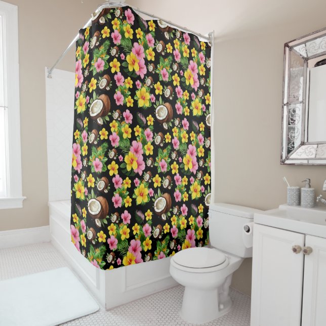 Black Floral Tropical Shower Curtain (In Situ)