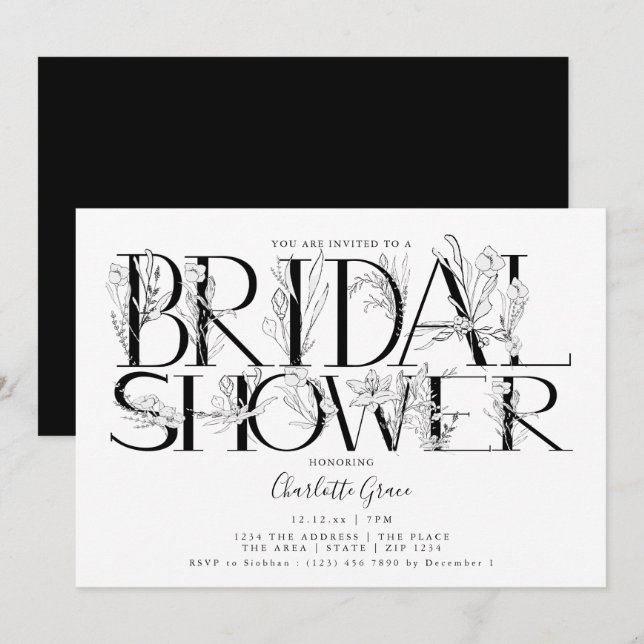 Black Floral Typography Wedding Bridal Shower Invitation (Front/Back)