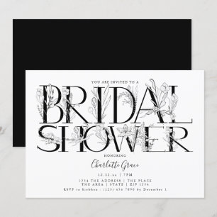 Black Floral Typography Wedding Bridal Shower Invitation
