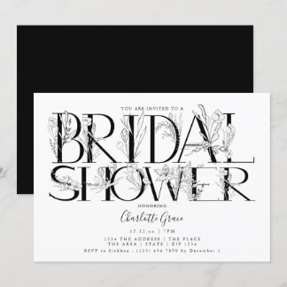 Black Floral Typography Wedding Bridal Shower Invitation