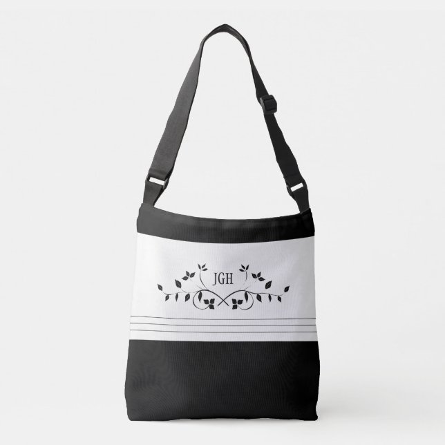 Black Floral Vine Leaf Stripe Monogram Stylish Crossbody Bag (Front)